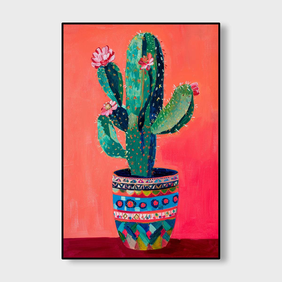 Smooth Oil Painting Of A Cactus In A Decorated Pot Soli